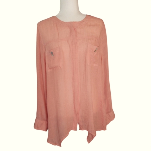Democracy Tops - Asymmetrical Pink Long Sleeve Blouse with Mandarin Collar